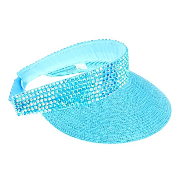 *NEW*Cobalt Blue AB Rhinestone Crystal Studded Accent White Visor Hat Cap main image 4